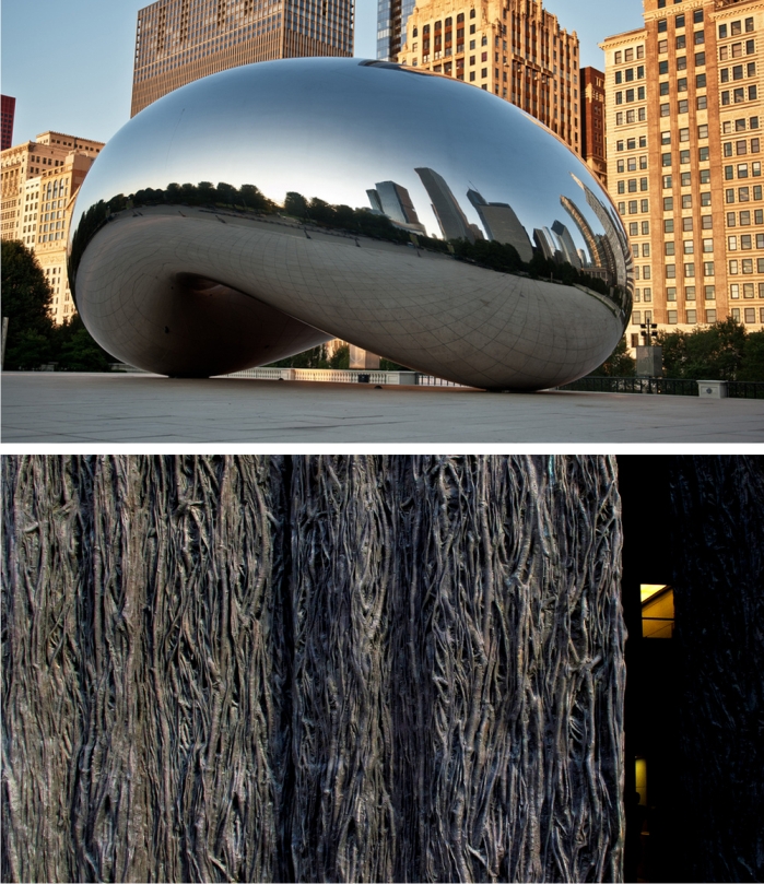 Cloud Gate de Anish Kapoor, instalada en Chicago en 2004 y las puertas de la ampliación Museo del Prado de Madrid, obra de Cristina Iglesias de 2007. Fotografías: Steve Wright Jr. y Jacinta Lluch Valero (CC)